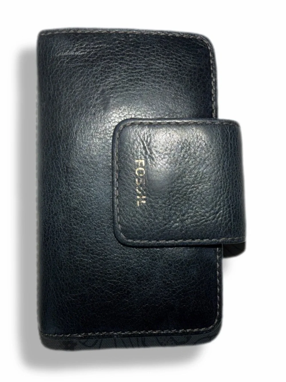 Fossil Navy Blue Leather Tab Wallet Zip Coin Pocket Card Organizer